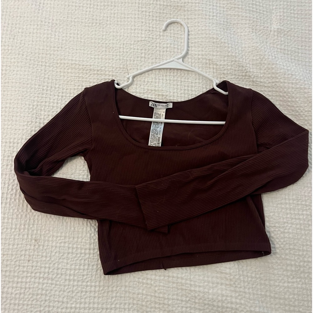 zara brown ribbed scoop neck top